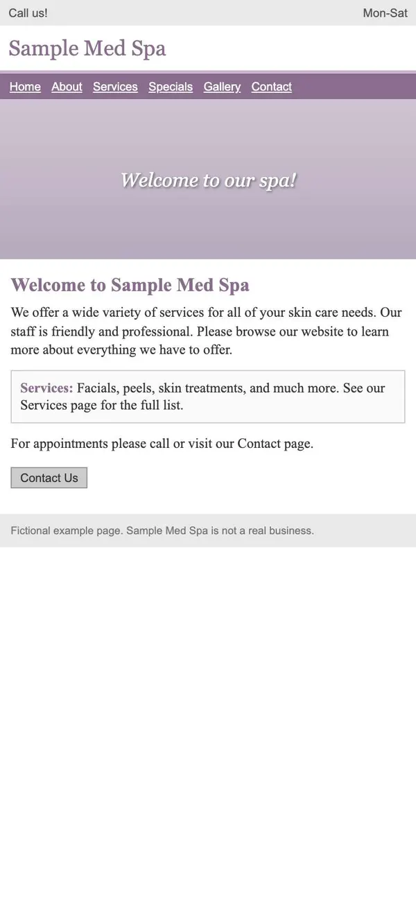 Fictional before: a dated clinic website on a phone.